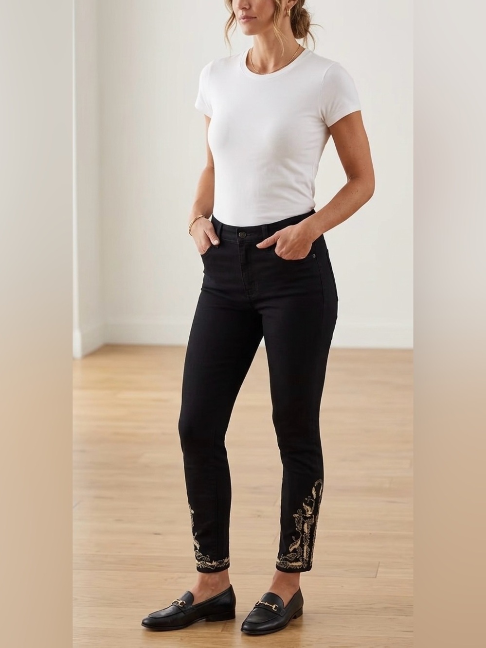 Lauren Ralph Lauren Black Embroidered High-Rise Skinny Ankle Jeans Sz 6